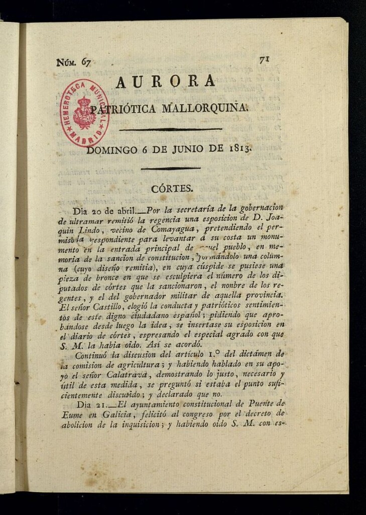 Miniatura de Aurora Patriótica Mallorquina del 6 de junio de 1813, nº 67