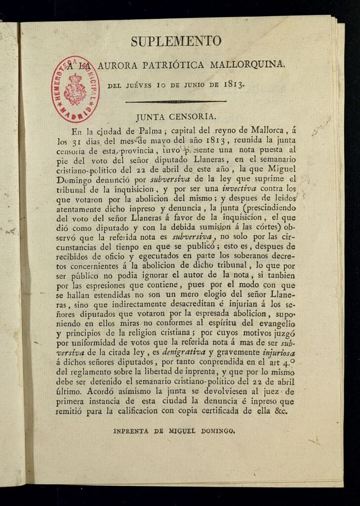 Miniatura de Aurora Patriótica Mallorquina del 10 de junio de 1813, suplemento al nº 68