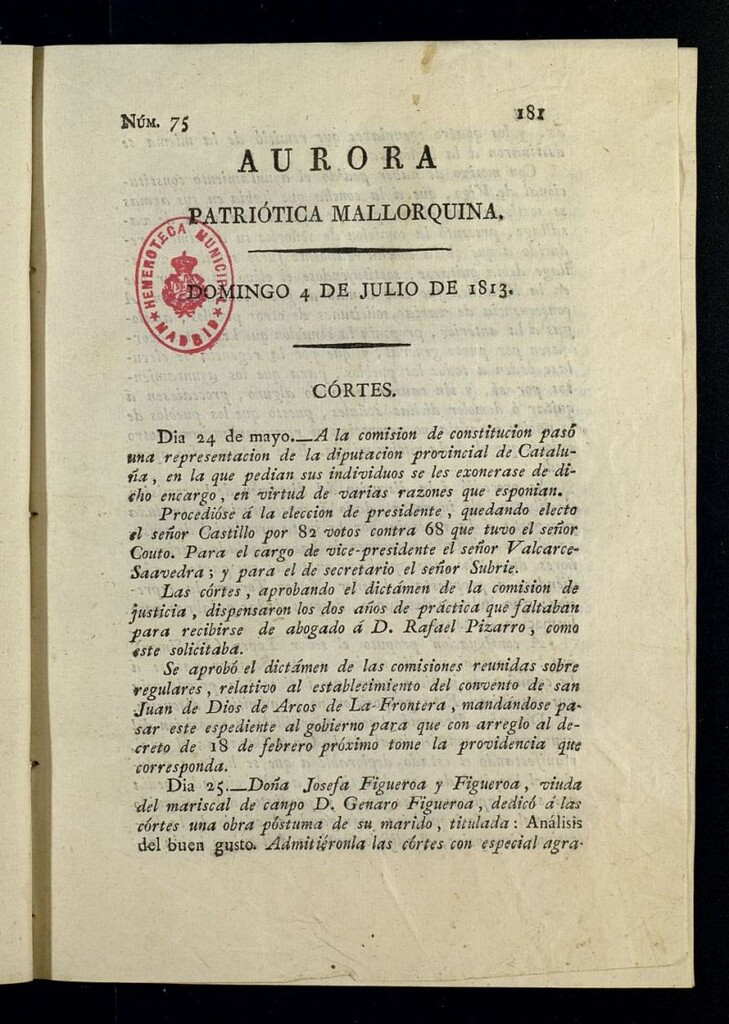 Miniatura de Aurora Patriótica Mallorquina del 4 de julio de 1813, nº 75