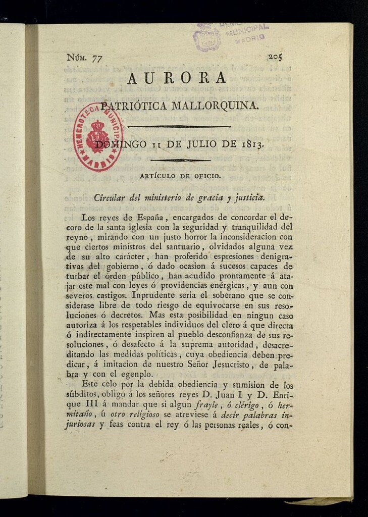 Miniatura de Aurora Patriótica Mallorquina del 11 de julio de 1813, nº 77
