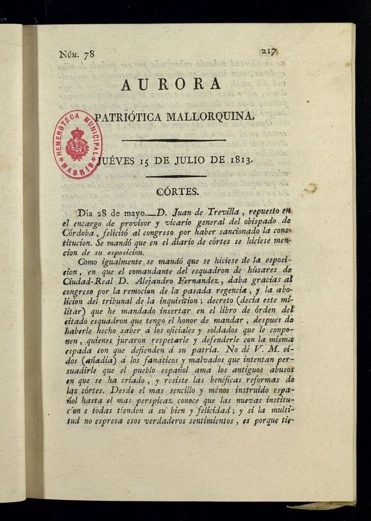 Miniatura de Aurora Patriótica Mallorquina del 15 de julio de 1813, nº 78
