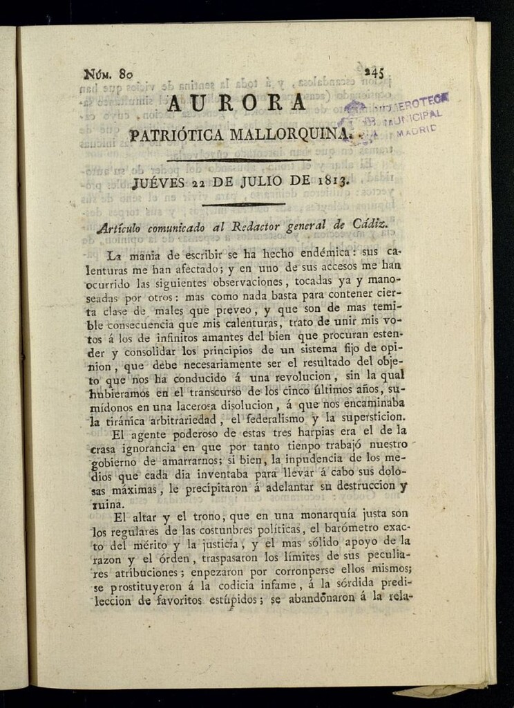 Miniatura de Aurora Patriótica Mallorquina del 22 de julio de 1813, nº 80