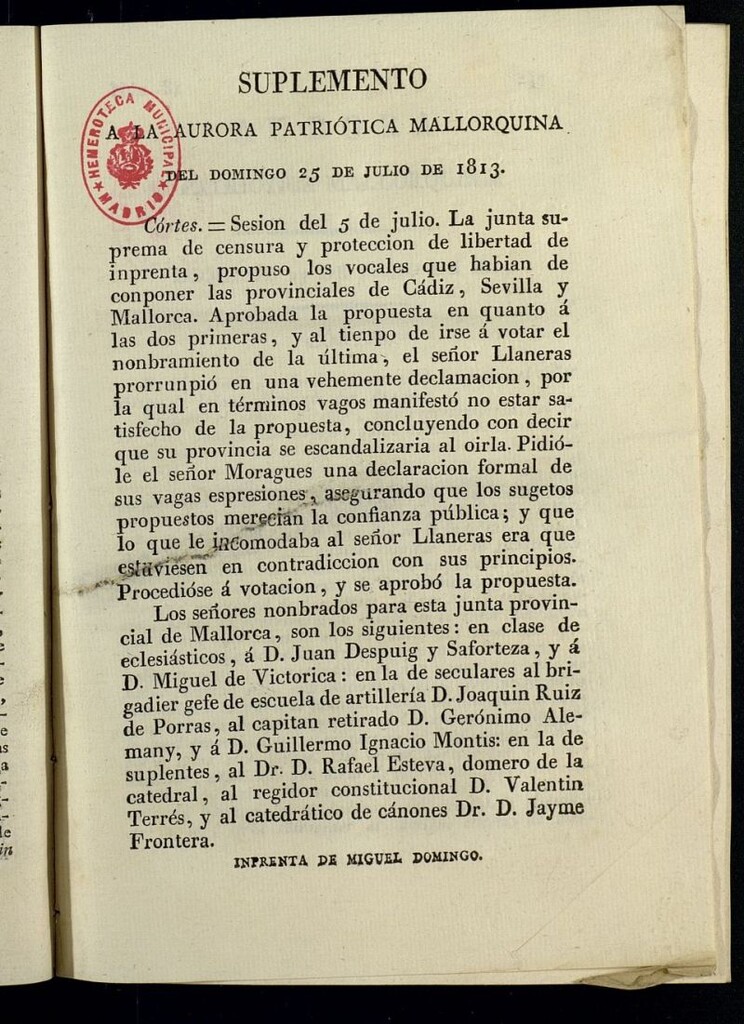 Miniatura de Aurora Patriótica Mallorquina del 25 de julio de 1813, suplemento al nº 81