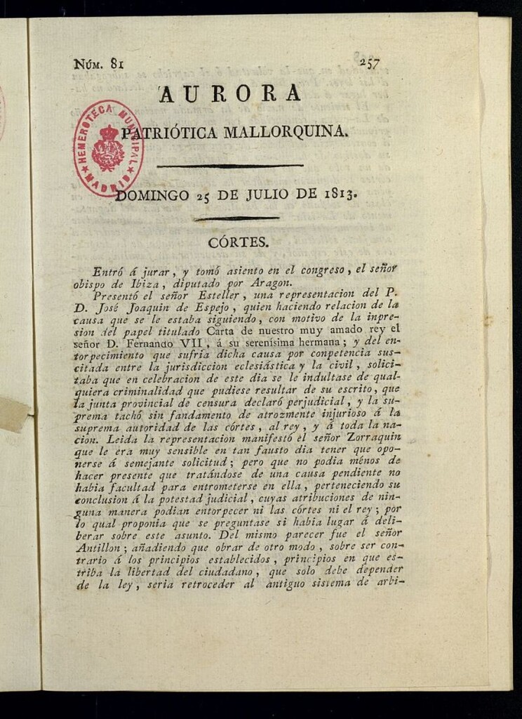 Miniatura de Aurora Patriótica Mallorquina del 25 de julio de 1813, nº 81