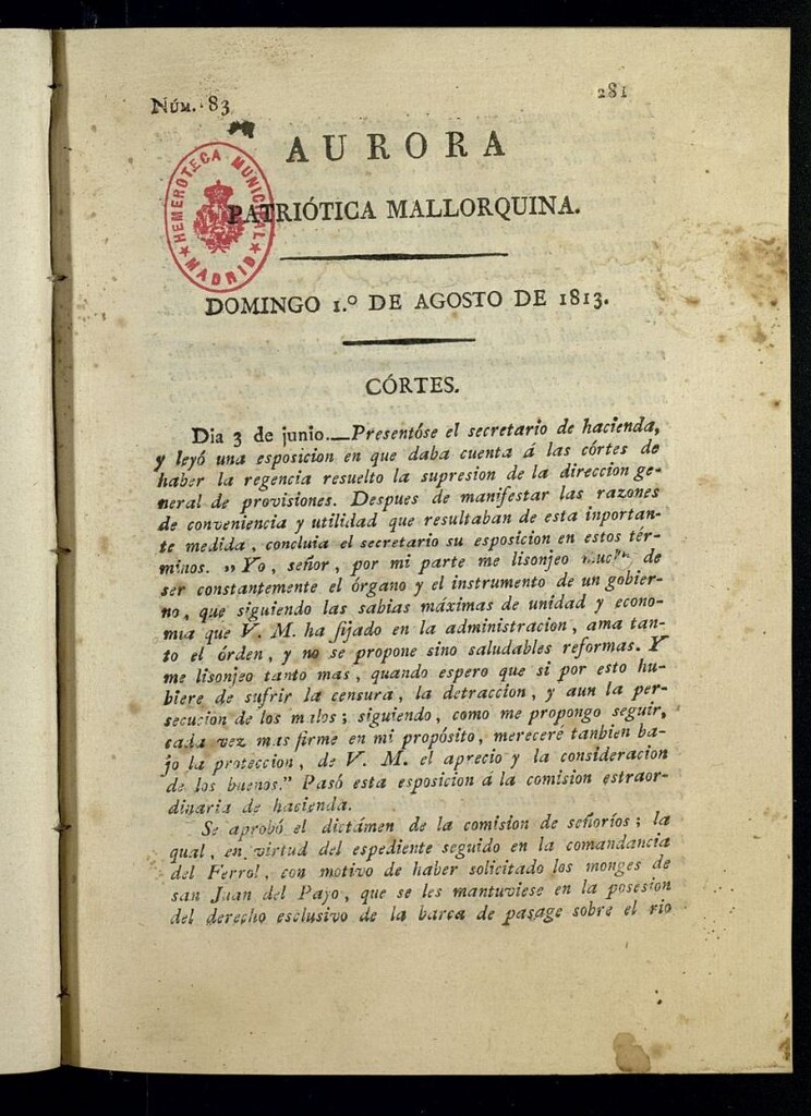 Miniatura de Aurora Patriótica Mallorquina del 1 de agosto de 1813, nº 83