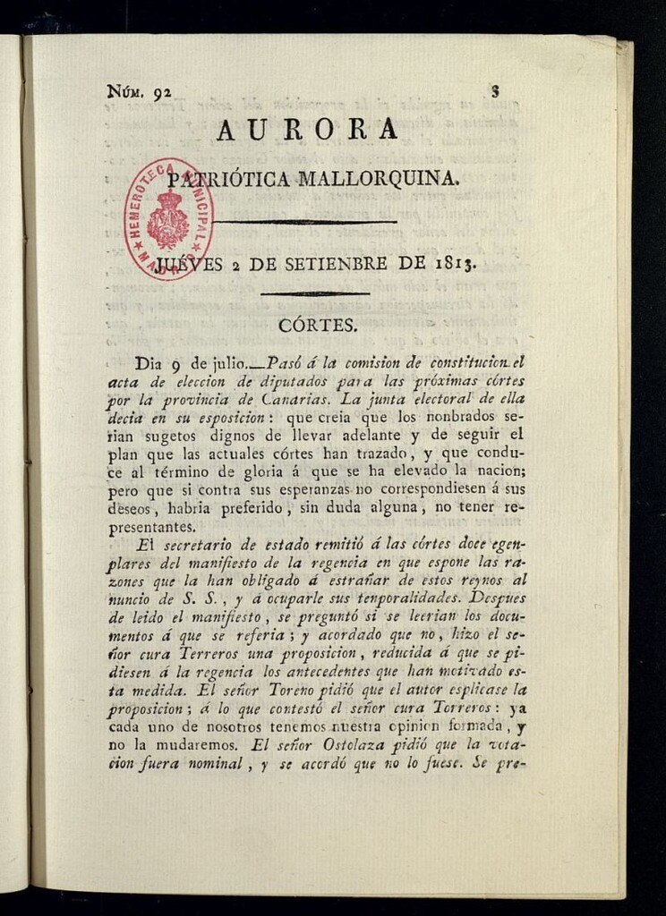 Miniatura de Aurora Patriótica Mallorquina del 2 de septiembre de 1813, nº 92
