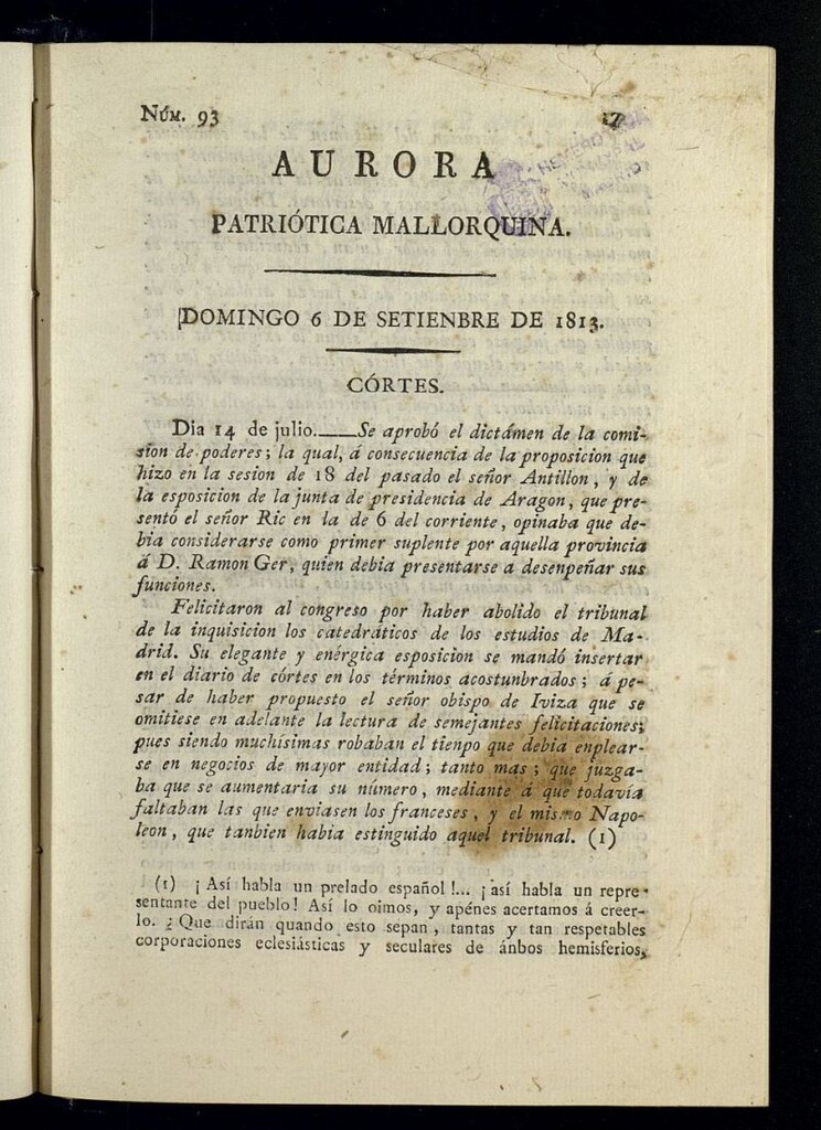 Miniatura de Aurora Patriótica Mallorquina del 6 de septiembre de 1813, nº 93