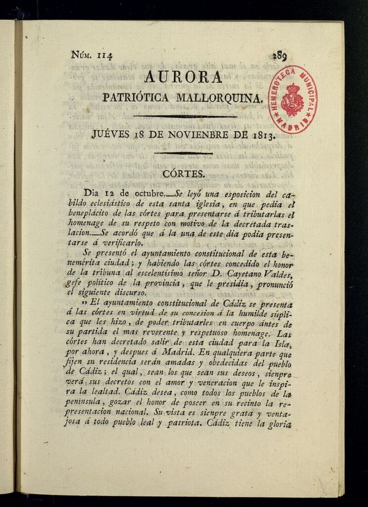Miniatura de Aurora Patriótica Mallorquina del 18 de noviembre de 1813, nº 114