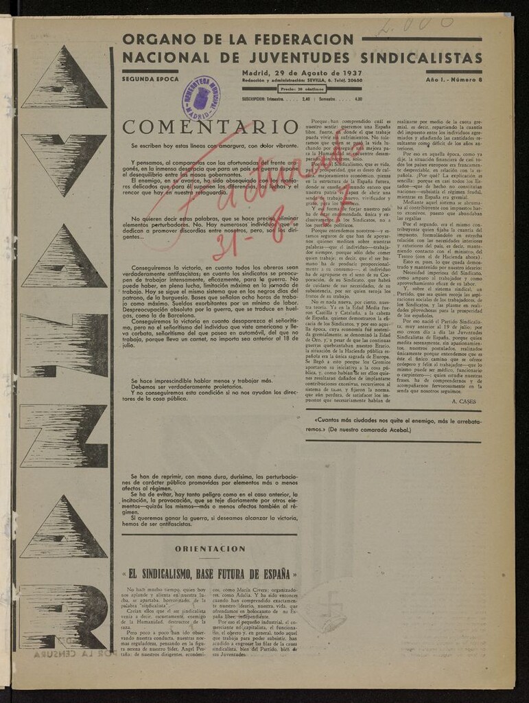 Miniatura de Avanzar (Madrid) del 29 de agosto de 1937