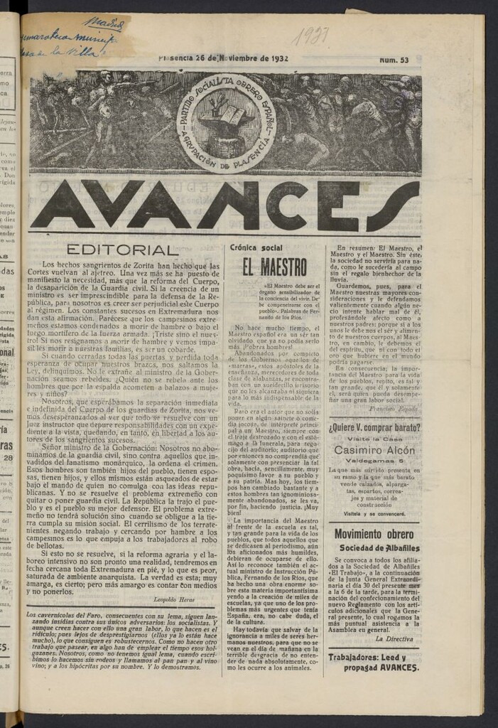 Miniatura de Avances (Plasencia, 1932) del 26 de noviembre de 1932