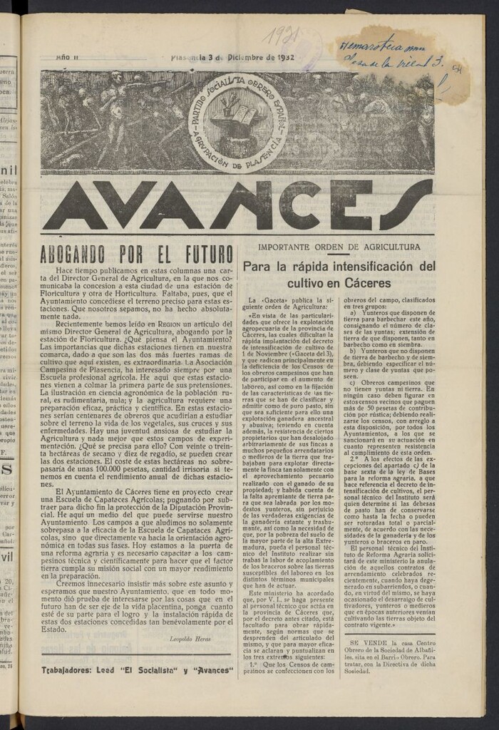 Miniatura de Avances (Plasencia, 1932) del 3 de diciembre de 1932
