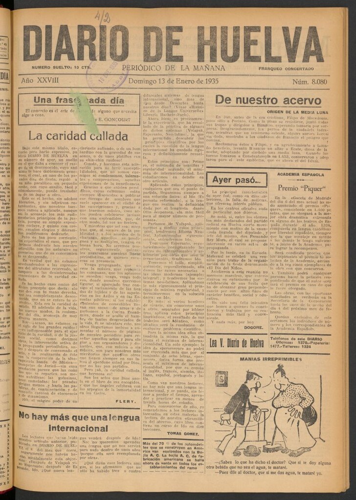 Miniatura de Diario de Huelva : periódico independiente del 13 de enero de 1935