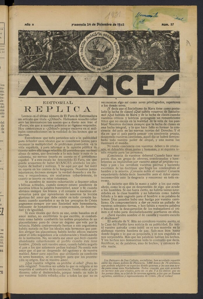 Miniatura de Avances (Plasencia, 1932) del 24 de diciembre de 1932