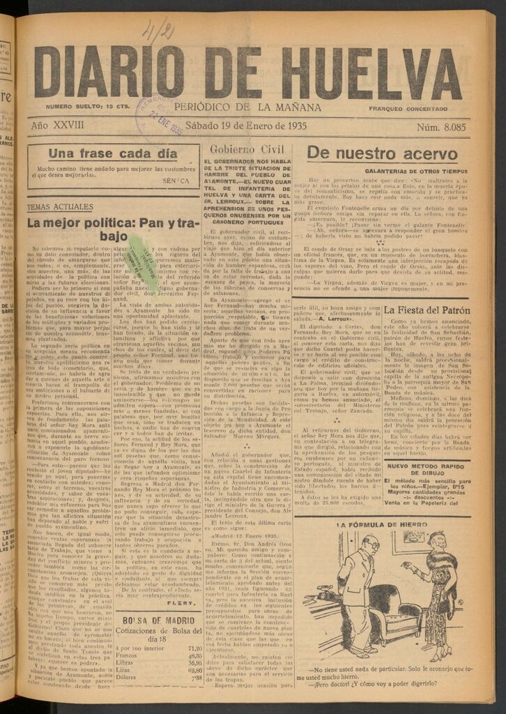 Miniatura de Diario de Huelva : periódico independiente del 19 de enero de 1935