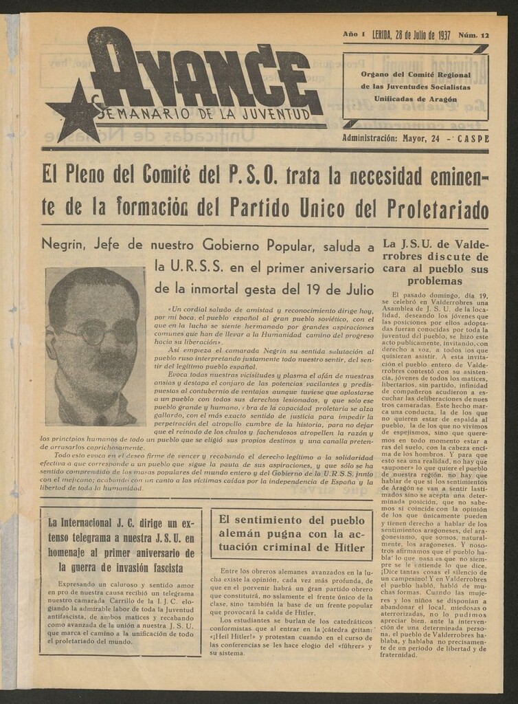 Miniatura de Avance: semanario de la juventud del 28 de julio de 1937