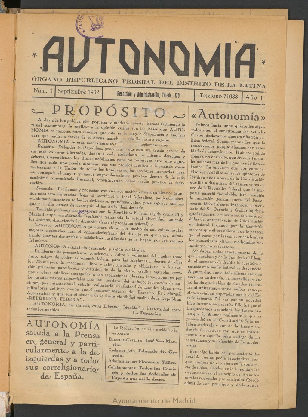 Miniatura de Autonomía: Organo Republicano Federal del Distrito de la Latina del 1 de septiembre de 1932