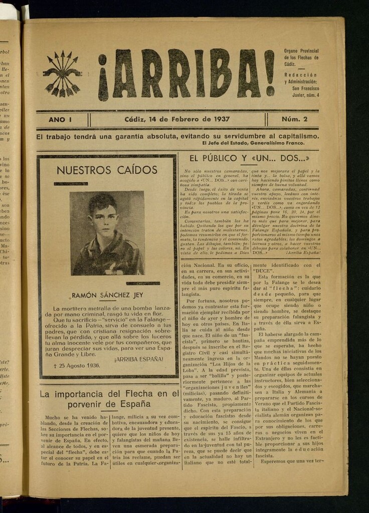 Miniatura de ¡Arriba! : Organo Provincial de las Flechas de Cádiz del 14 de febrero de 1937