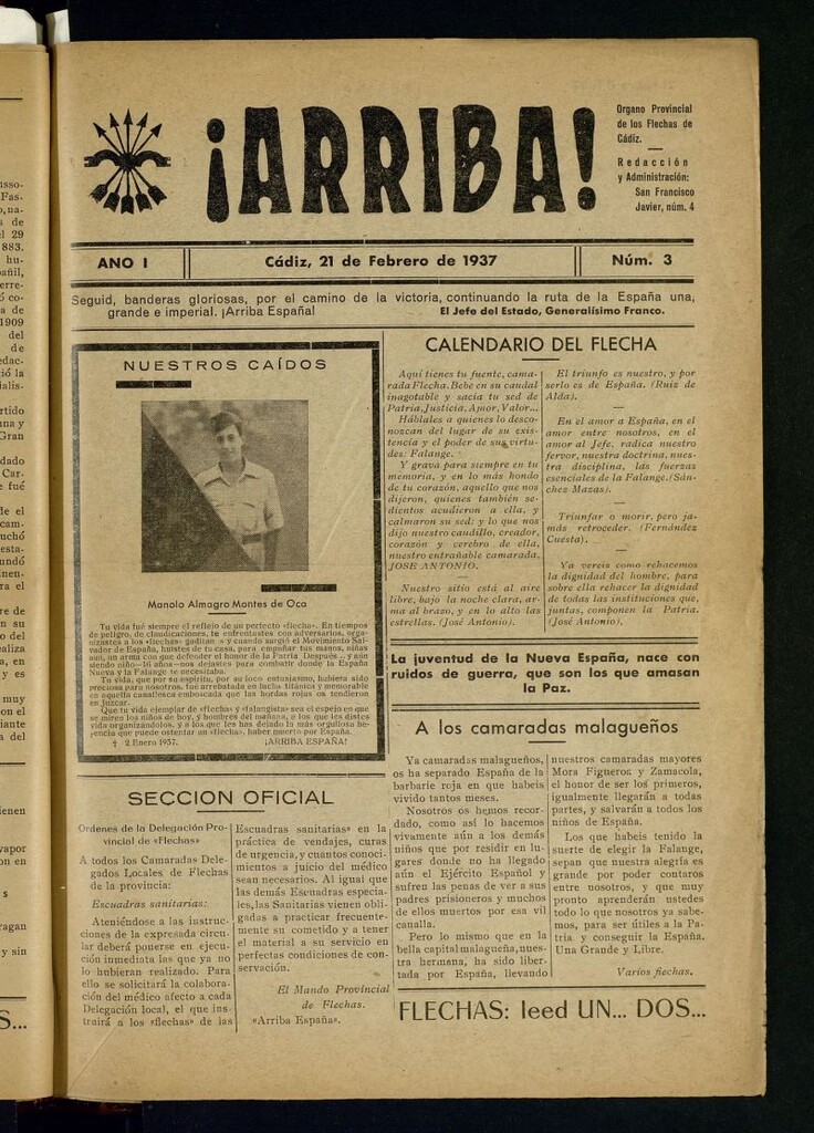Miniatura de ¡Arriba! : Organo Provincial de las Flechas de Cádiz del 21 de febrero de 1937