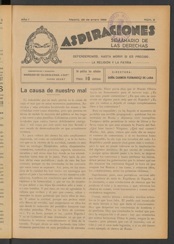 Miniatura de Aspiraciones: Semanario de las derechas del 23 de enero de 1932