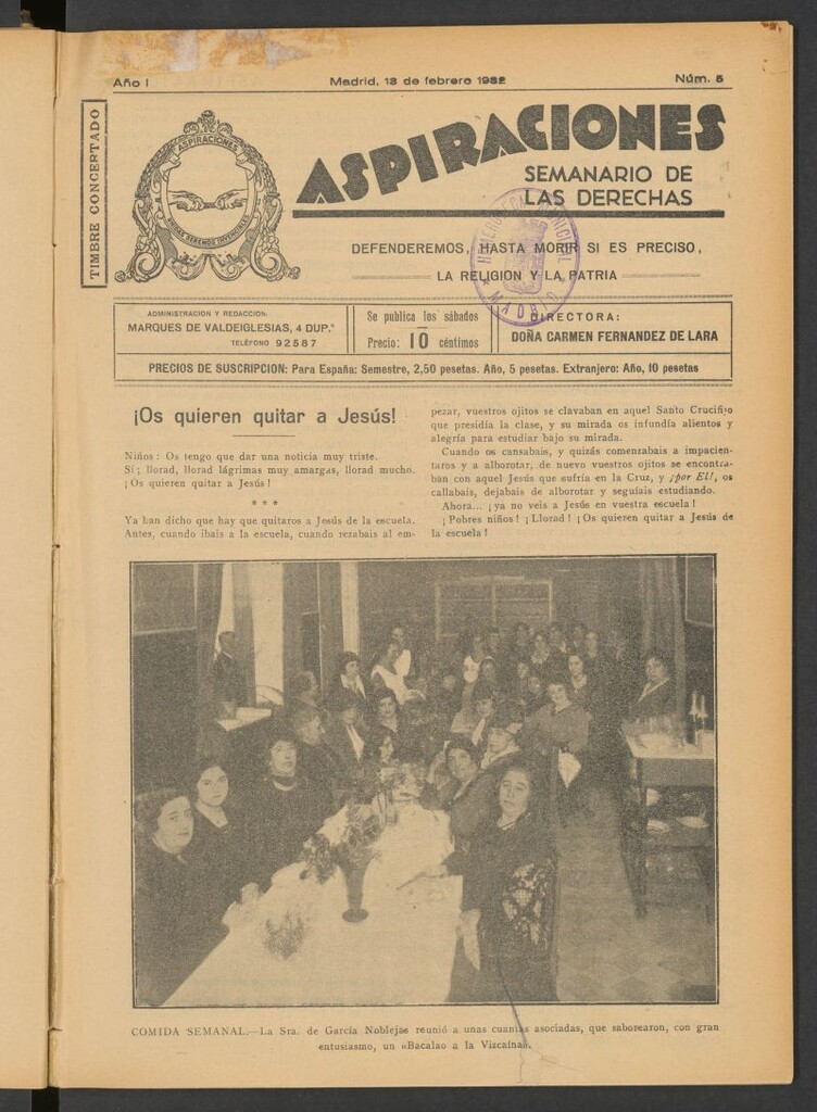 Miniatura de Aspiraciones: Semanario de las derechas del 13 de febrero de 1932