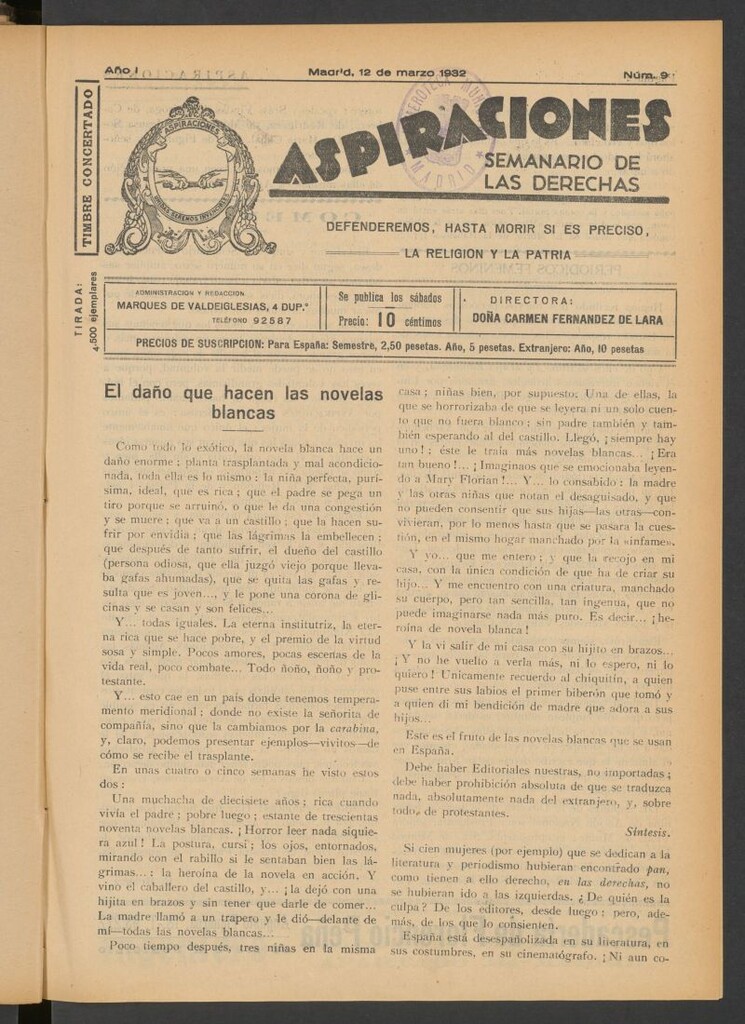 Miniatura de Aspiraciones: Semanario de las derechas del 12 de marzo de 1932