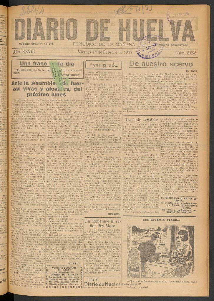 Miniatura de Diario de Huelva : periódico independiente del 1 de febrero de 1935