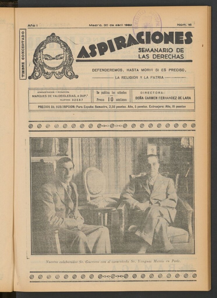 Miniatura de Aspiraciones: Semanario de las derechas del 30 de abril de 1932