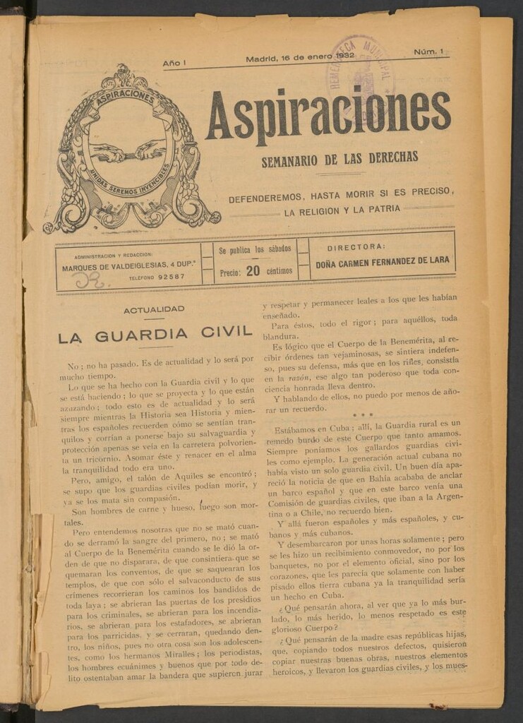 Miniatura de Aspiraciones: Semanario de las derechas del 16 de enero de 1932