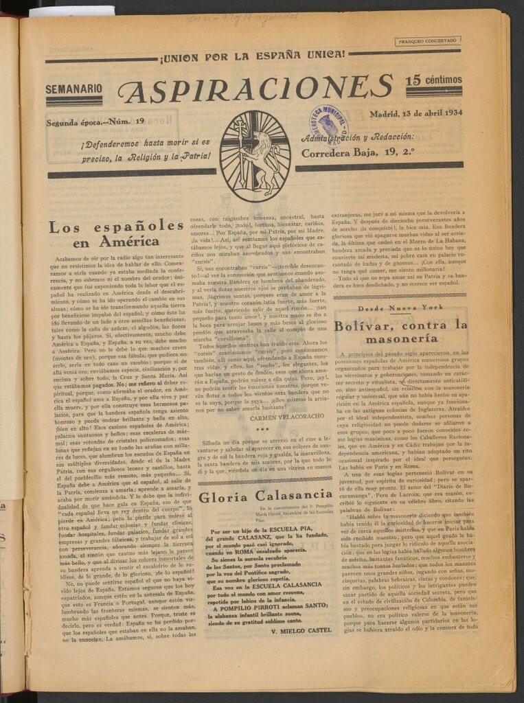 Miniatura de Aspiraciones: Semanario de las derechas del 13 de abril de 1934