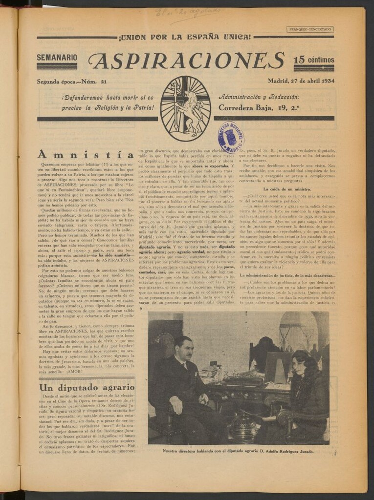 Miniatura de Aspiraciones: Semanario de las derechas del 27 de abril de1934