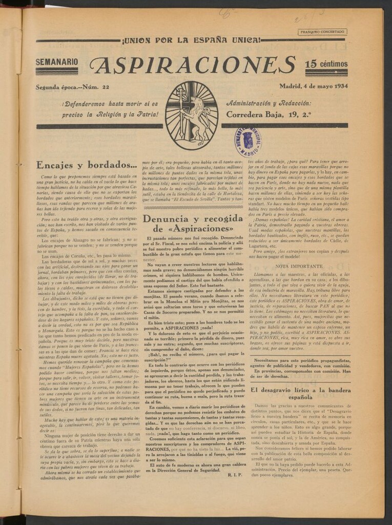 Miniatura de Aspiraciones: Semanario de las derechas del 4 de mayo de 1934