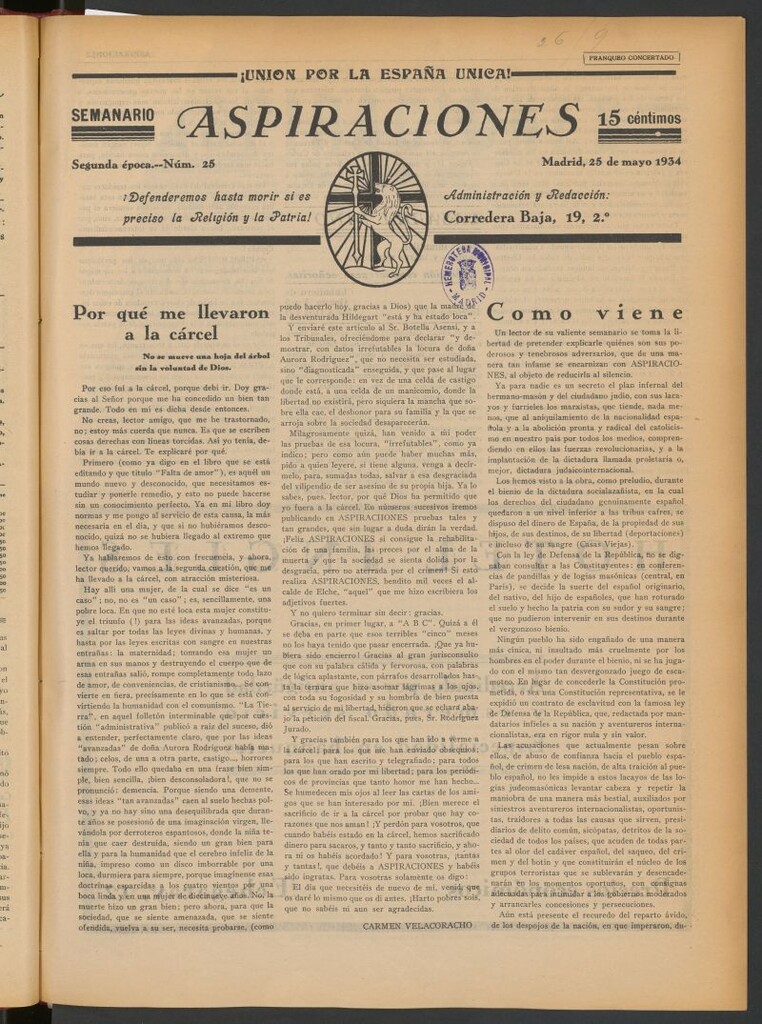 Miniatura de Aspiraciones: Semanario de las derechas del 25 de mayo de 1934