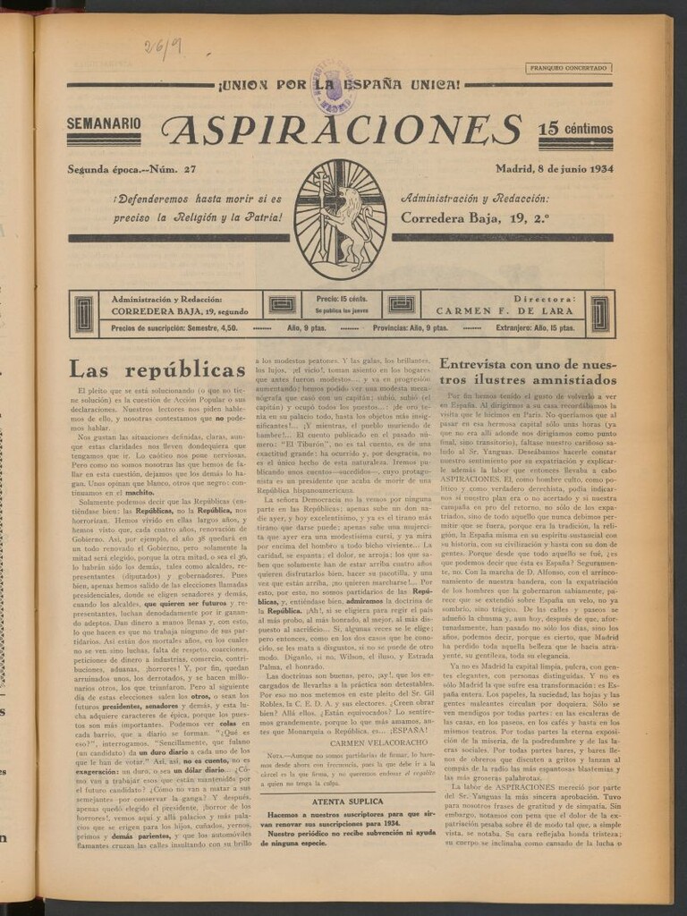 Miniatura de Aspiraciones: Semanario de las derechas del 8 de junio de 1934