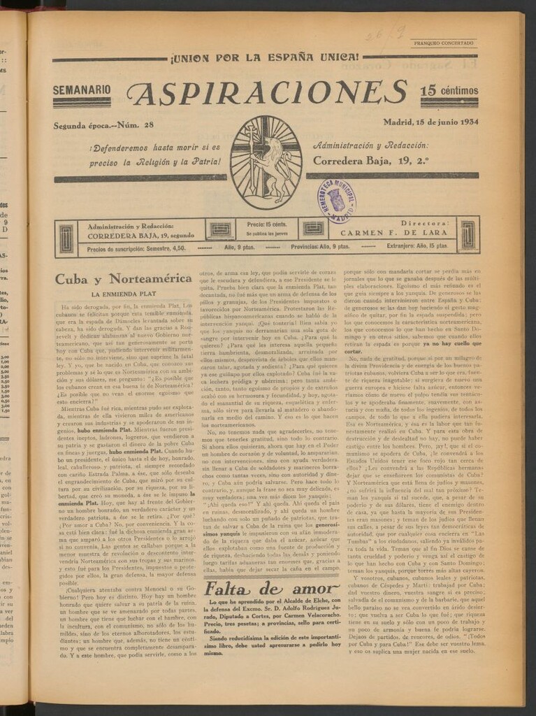 Miniatura de Aspiraciones: Semanario de las derechas del 15 de junio de 1934