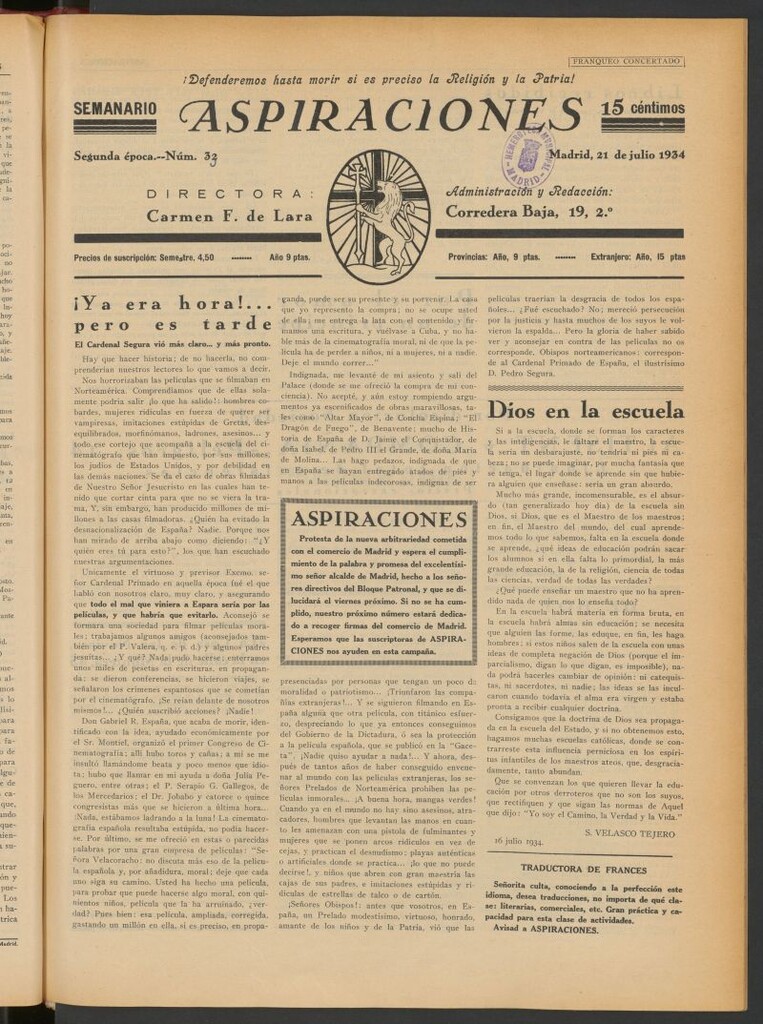 Miniatura de Aspiraciones: Semanario de las derechas del 21 de julio de 1934