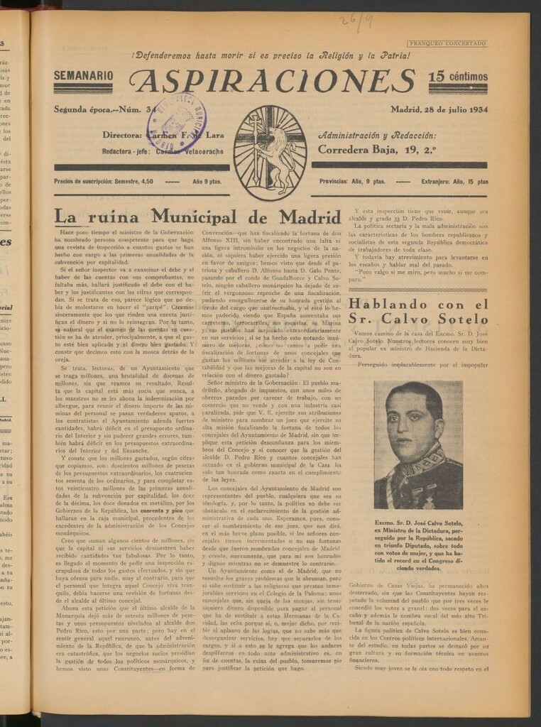 Miniatura de Aspiraciones: Semanario de las derechas del 28 de julio de 1934