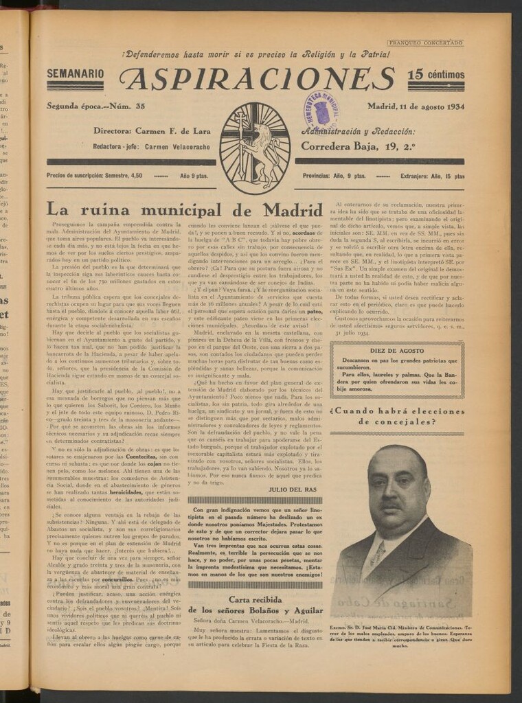 Miniatura de Aspiraciones: Semanario de las derechas del 11 de agosto de1934
