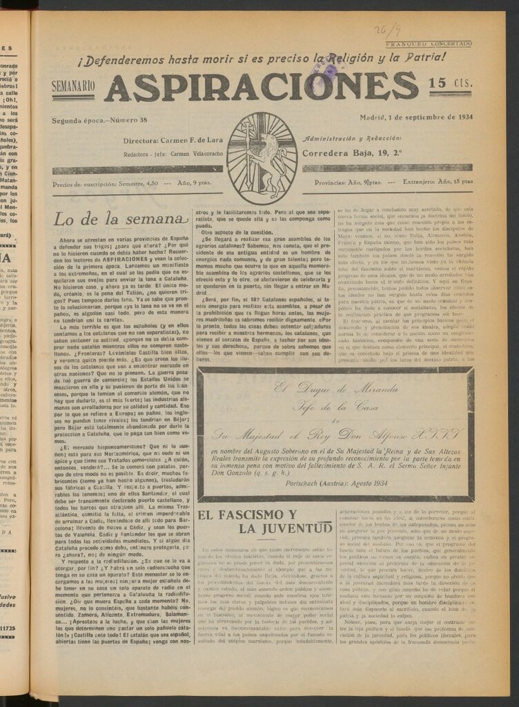 Miniatura de Aspiraciones: Semanario de las derechas del 1 de septiembre de 1934