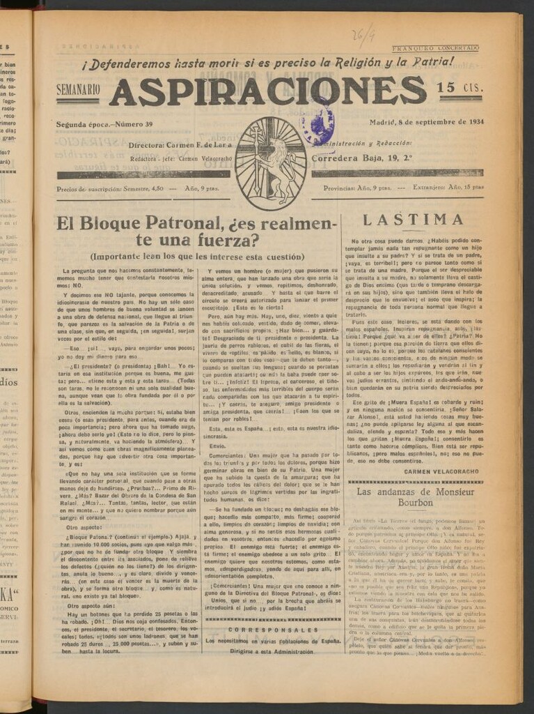 Miniatura de Aspiraciones: Semanario de las derechas del 8 de septiembre de 1934