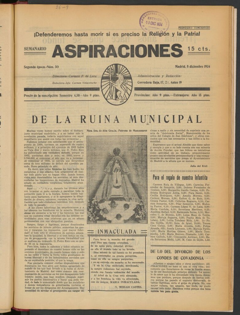 Miniatura de Aspiraciones: Semanario de las derechas del 8 de diciembre de 1934