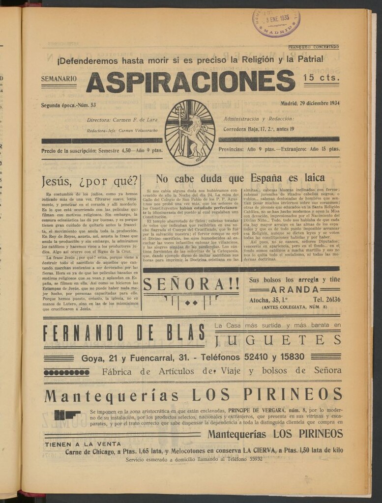 Miniatura de Aspiraciones: Semanario de las derechas del 29 de diciembre de 1934
