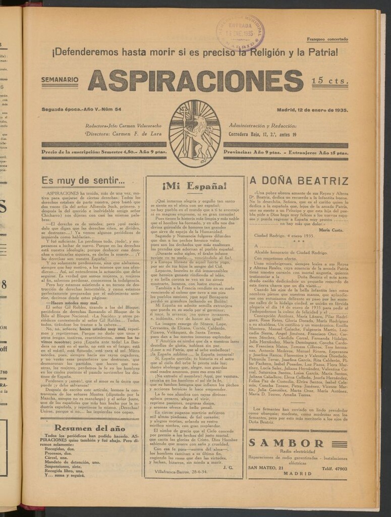 Miniatura de Aspiraciones: Semanario de las derechas del 12 de enero de 1935
