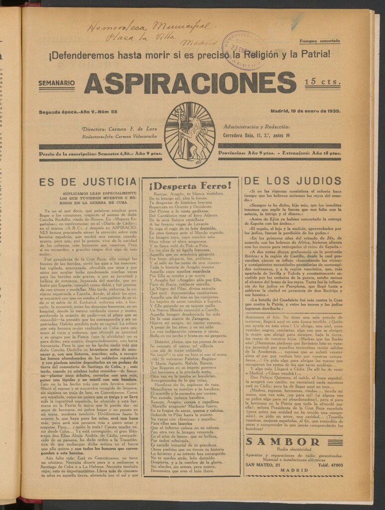 Miniatura de Aspiraciones: Semanario de las derechas del 19 de enero de 1935