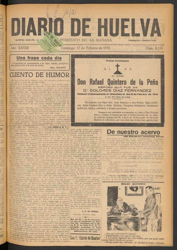 Miniatura de Diario de Huelva : periódico independiente del 17 de febrero de 1935