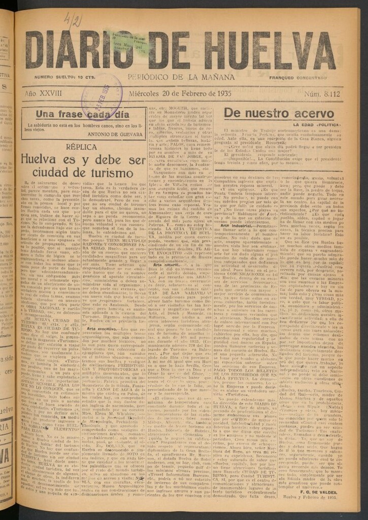 Miniatura de Diario de Huelva : periódico independiente del 20 de febrero de 1935