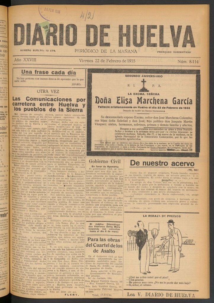 Miniatura de Diario de Huelva : periódico independiente del 22 de febrero de 1935