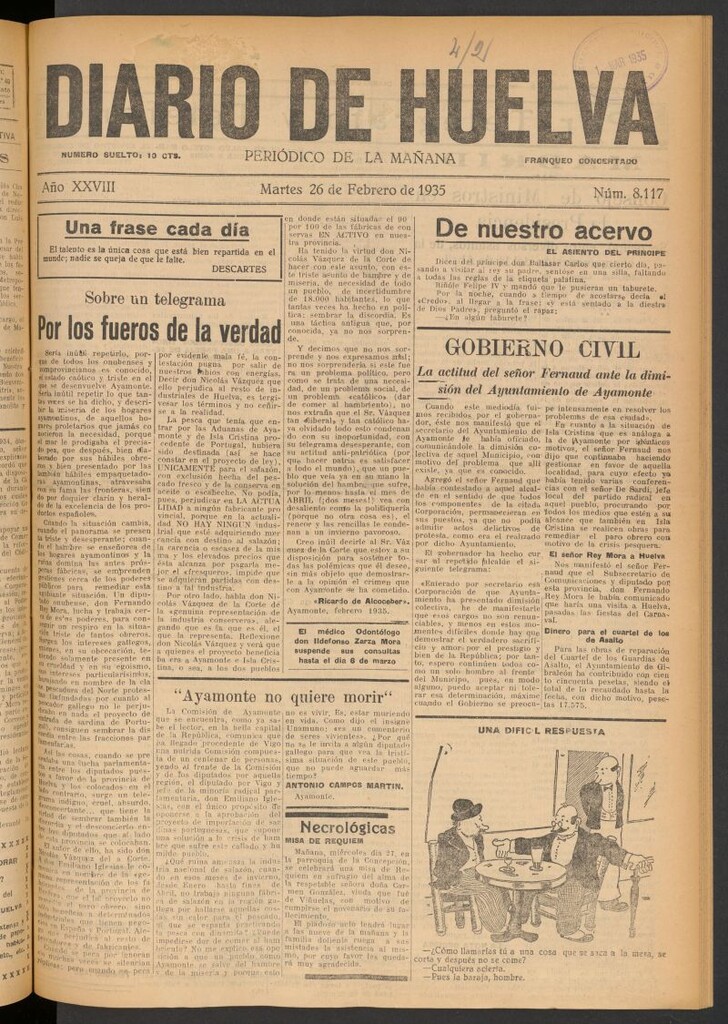 Miniatura de Diario de Huelva : periódico independiente del 26 de febrero de 1935