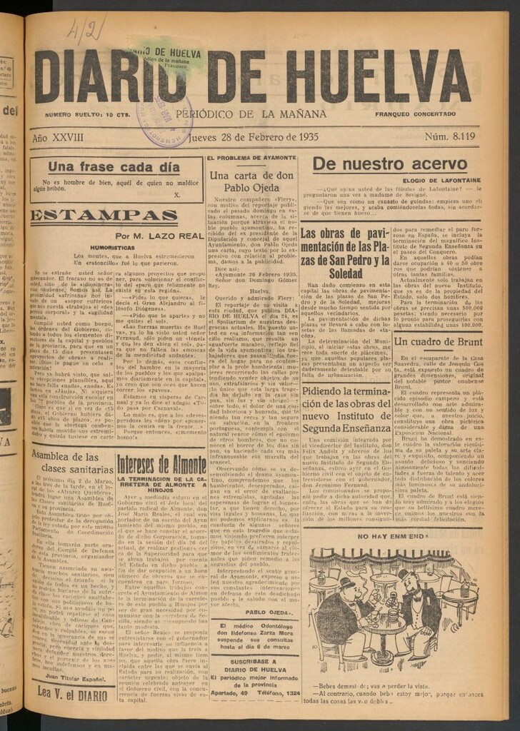 Miniatura de Diario de Huelva : periódico independiente del 28 de febrero de 1935