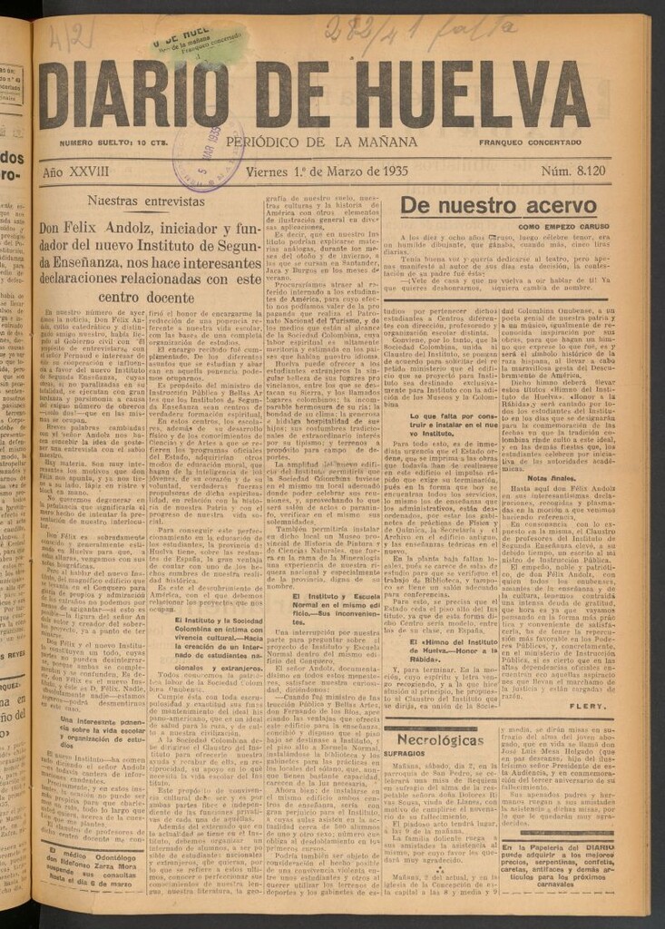 Miniatura de Diario de Huelva : periódico independiente del 1 de marzo de 1935