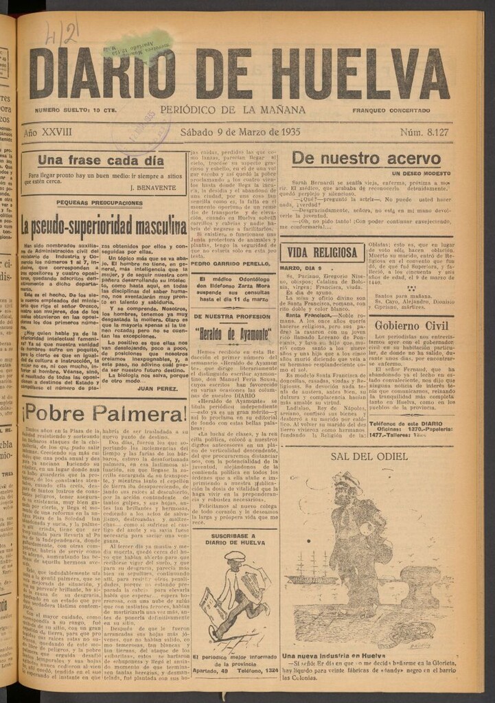 Miniatura de Diario de Huelva : periódico independiente del 9 de marzo de 1935